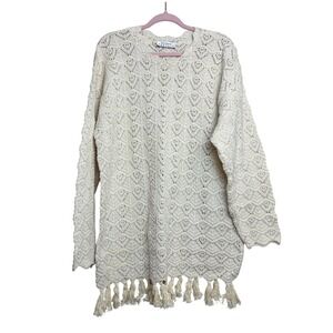 FORELLI Cream Crochet Lace Tassel Tunic Sweater Cottage Granny FairyBoho XL